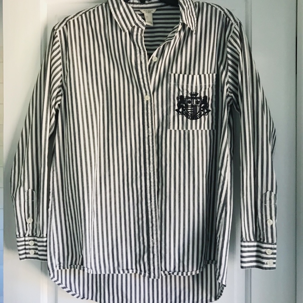 F21 embroidered stripe button down long sleeve shirt w embroidered pocket detail